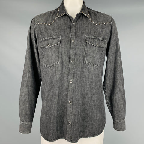 GOLDEN GOOSE Size XL Grey Studded Cotton Western Long Sleeve Shirt