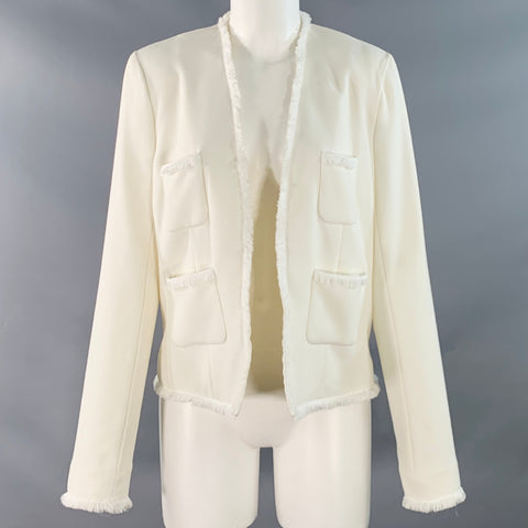L'AGENCE Size 8 White Polyester Blend Woven Cropped Open Front Jacket Blazer