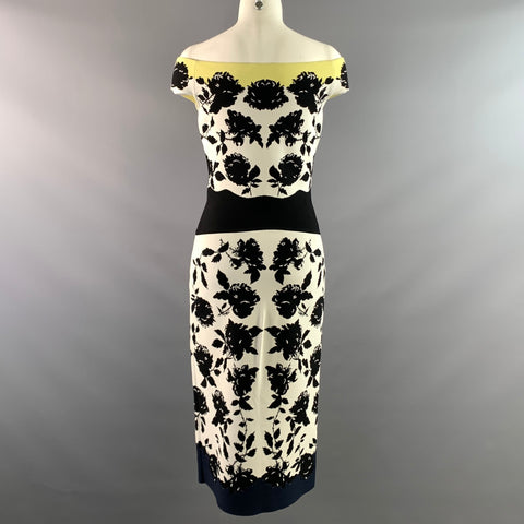 ALEXANDER MCQUEEN Size M White Black Viscose Blend Floral Off-Shoulder Dress