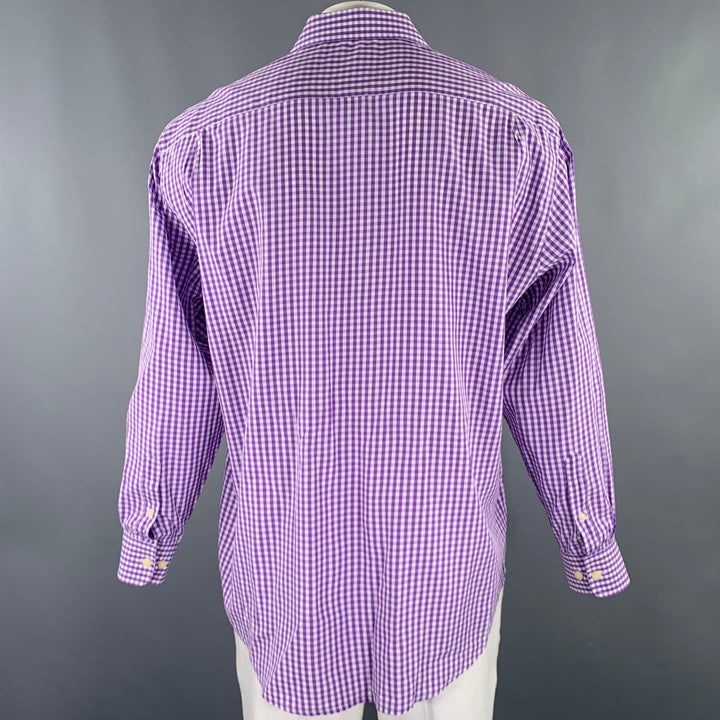BURMA BIBAS Size XL Purple White Gingham Cotton Spread Collar Long Sleeve Shirt
