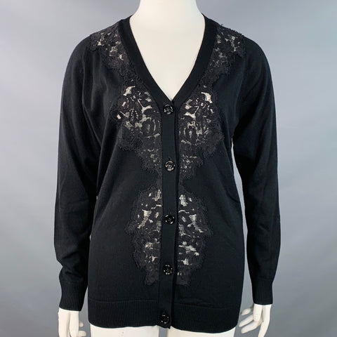 CHLOE Size L Black Wool Lace Trim V-Neck Button Up Cardigan