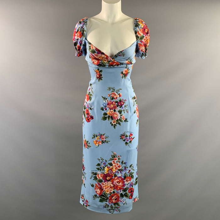 DOLCE & GABBANA Size 8 Blue Multi Color Silk  Elastane Floral Back Zip Dress