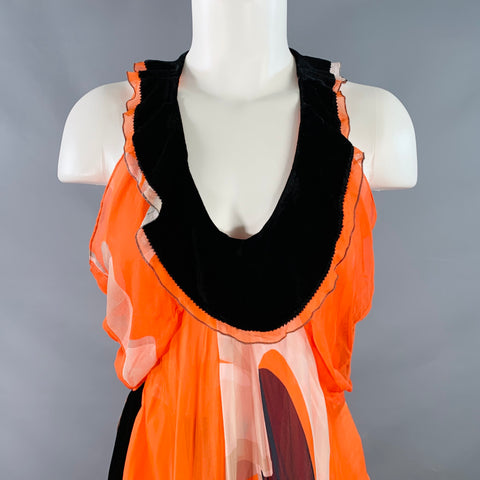 SONIA RYKIEL Size M Orange Black Silk Abstract Sleeveless Velvet Trim Asymmetrical Midi Dress