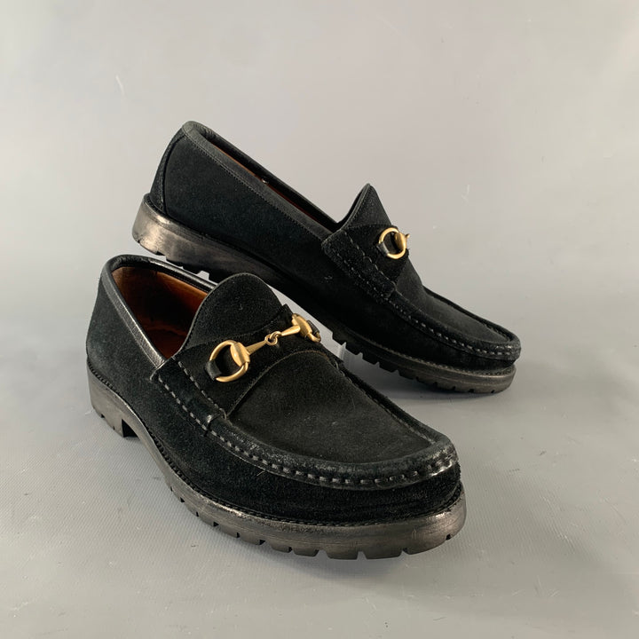 GUCCI Size 7.5 Black Gold Suede Horsebit Flats