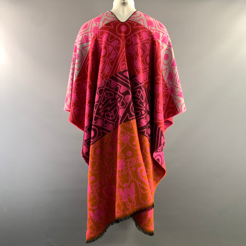 WALTER VAN BEIRENDONCK One Size Pink Orange Wool Abstract Poncho