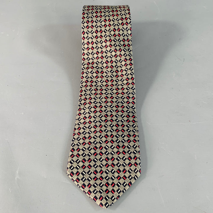 YVES SAINT LAURENT Vintage Navy Red White Checkered Silk Tie