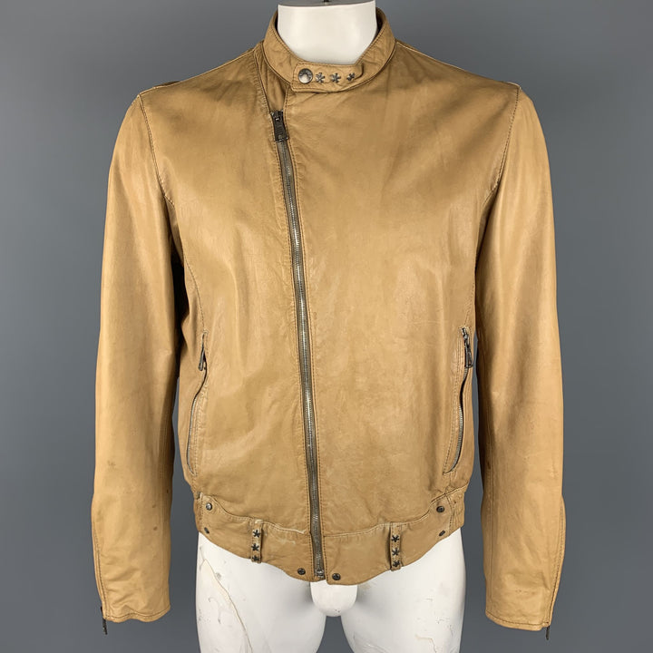 BROGDEN M Tan Distressed Leather Motorcycle Jacket