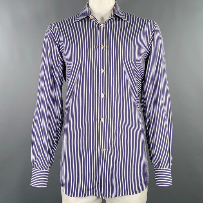 KITON Size XXL Navy White Stripe Cotton Long Sleeve Shirt