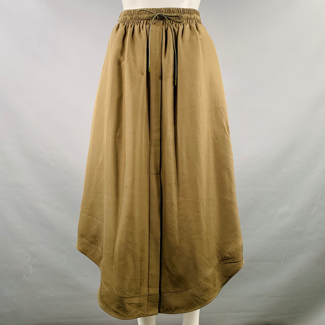 LOEWE Size 4 Green Olive Silk Elastic Waistband Asymmetrical Hem Skirt