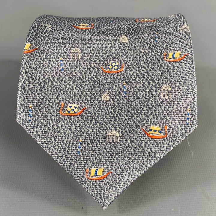 BULGARI Blue Orange White Seascape Silk Tie