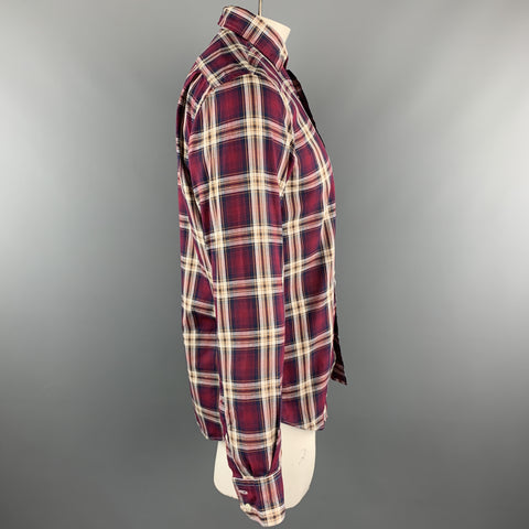 HARTFORD Size L Burgundy Brown Plaid Cotton Button Up Long Sleeve Shirt