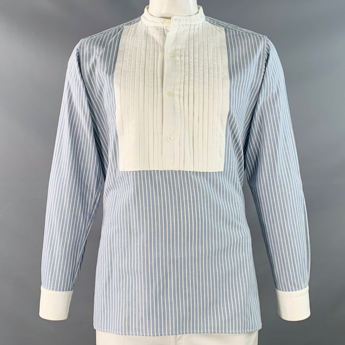 CHEMISE NEEDLES Bleu Blanc Rayé Coton Plissé Col Mao Manches Longues Taille L
