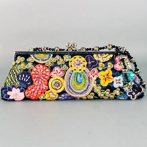Pochette Vintage en satin ornée de perles et de sequins motifs fleurs Bleu marine et Rose