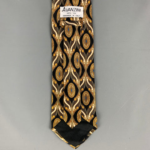 AVANZINI Black Gold Print Silk Tie