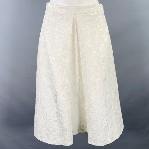 KAREN MILLEN Size 6 White Cotton Blend Floral A-Line Midi Skirt