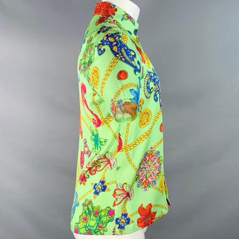 VERSACE Size M Green Multi Color Baroque Twill Short Sleeve Shirt