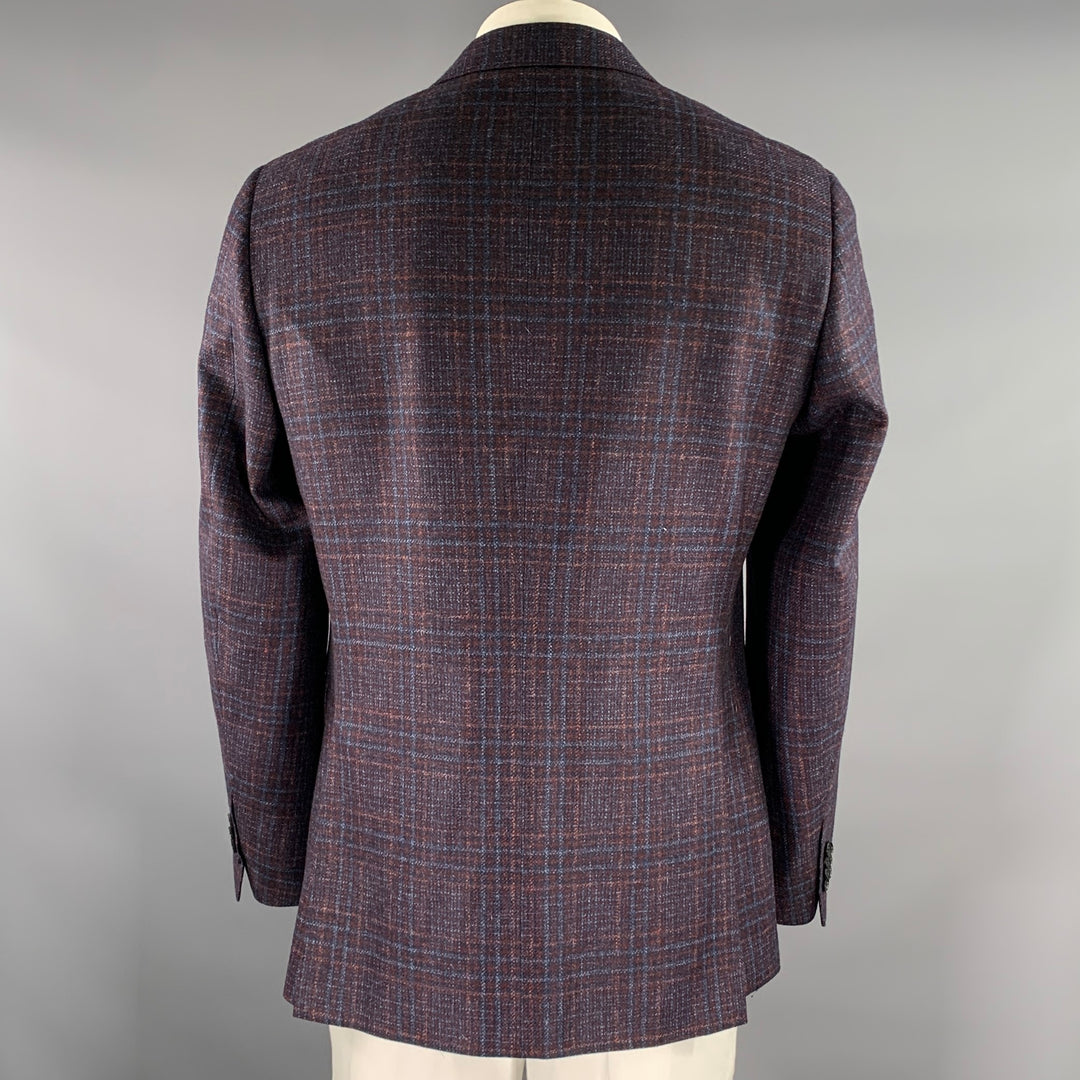 CANALI Size 42 Navy Brown Plaid Wool Notch Lapel Sport Coat