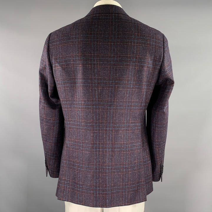 CANALI Size 42 Navy Brown Plaid Wool Notch Lapel Sport Coat