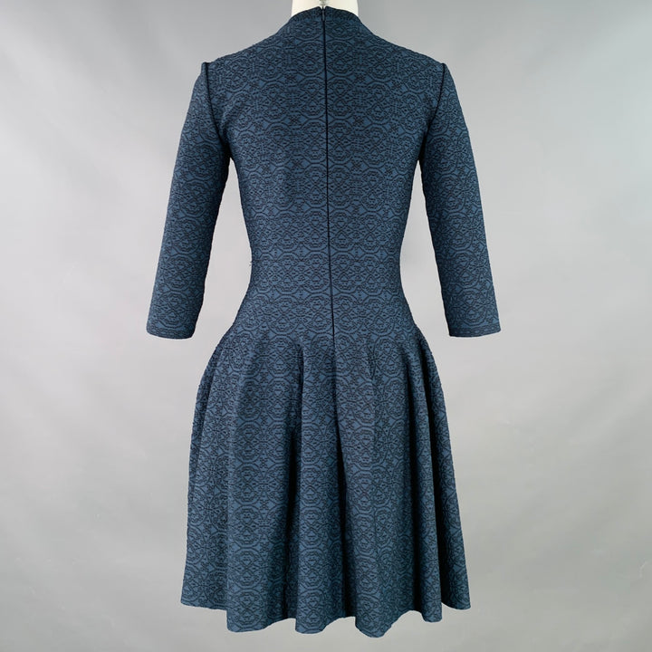 ALAIA Size 6 Navy Black Textured Geometric Viscose Blend Bell Skirt 3/4 Sleeve Dress