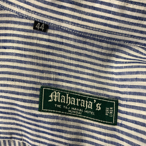 MAHARAJA'S Size XL Blue White Stripe Linen Pointed Collar Long Sleeve Shirt