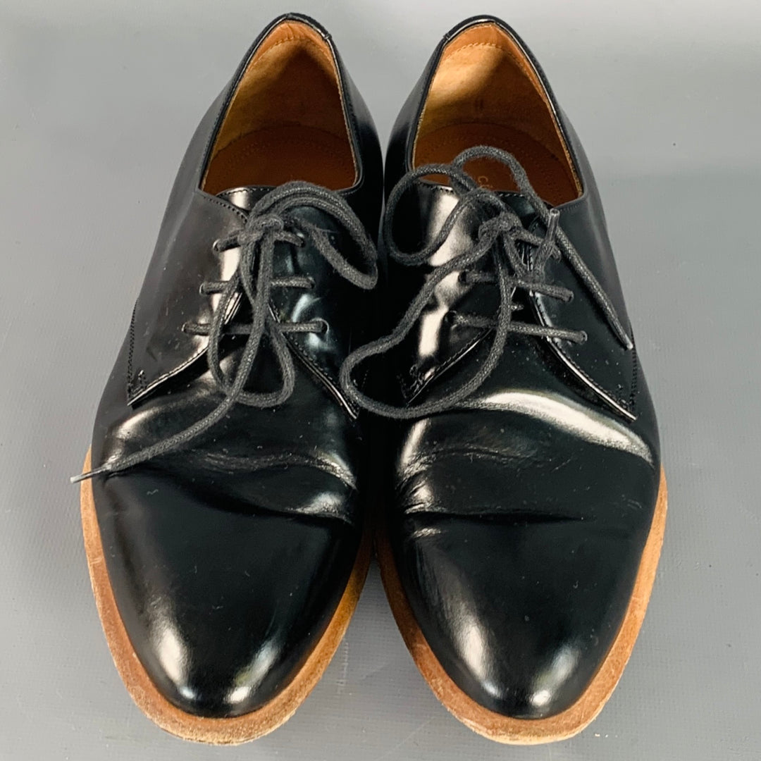 CELINE Size 5.5 Black Brown Leather Derby Almond Toe Lace-Up Shoes