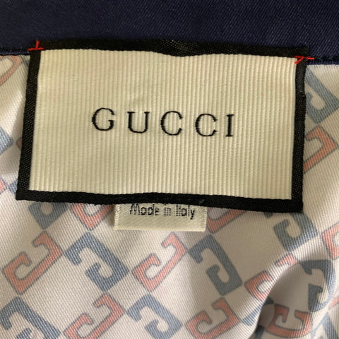 GUCCI Size 38 White Navy & Red Monogram Silk Camp Short Sleeve Shirt