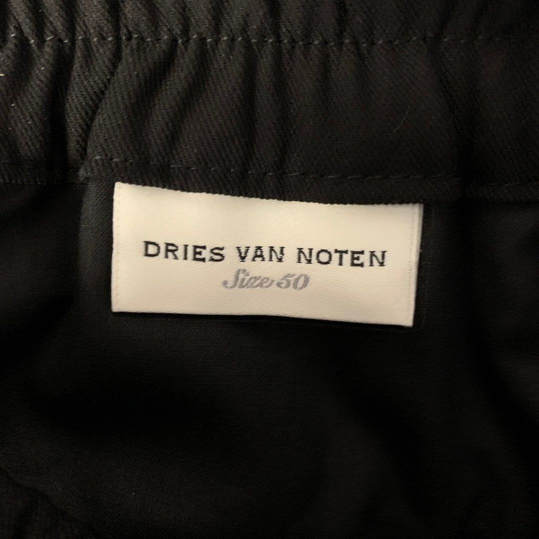 DRIES VAN NOTEN Pantalon en mélange de coton noir, taille élastiquée, taille 32