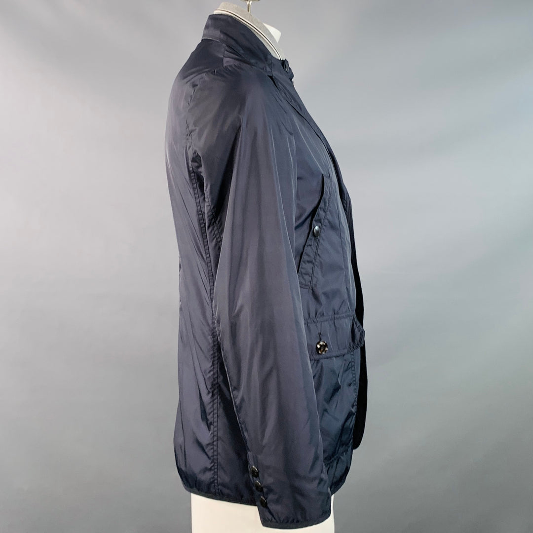 MONCLER Size L Millet Navy Grey Polyamide Layered Notch Lapel Jacket