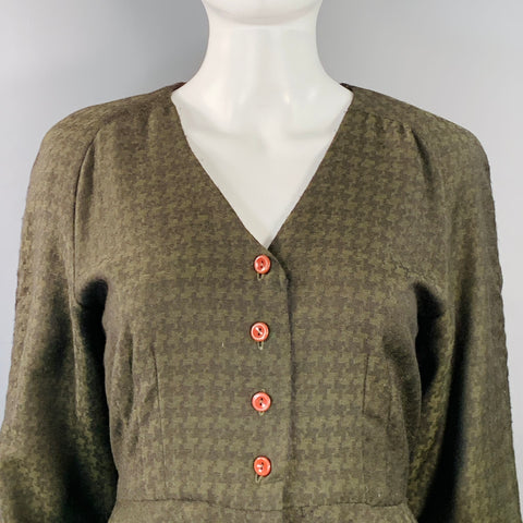 OKW Size XS Green Wool Button Down Houndstooth Mini Skirt Suit