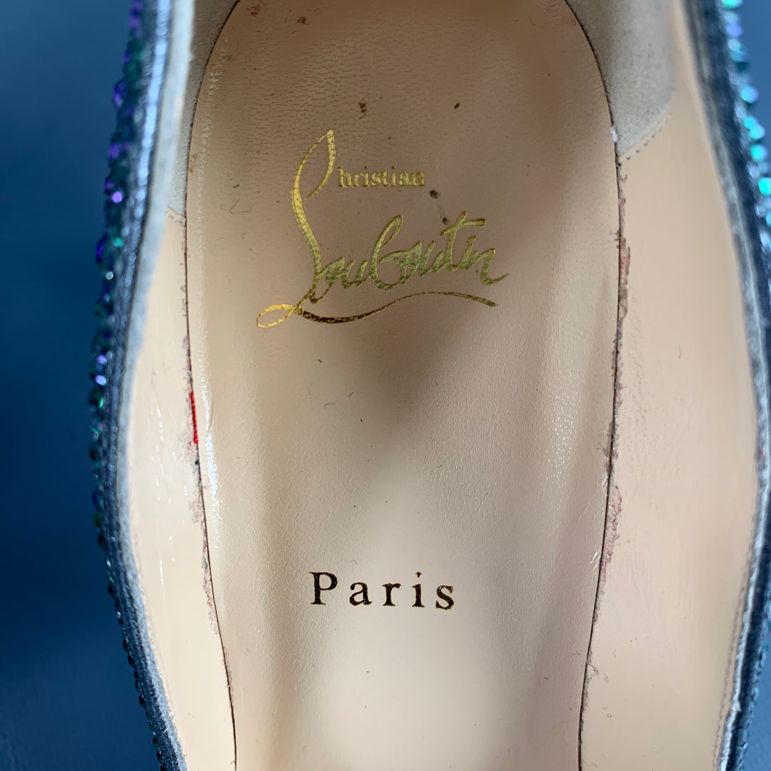CHRISTIAN LOUBOUTIN Size 9.5 Kate Strass Multi Color Red Suede Rhinestones Pointed Toe Pumps