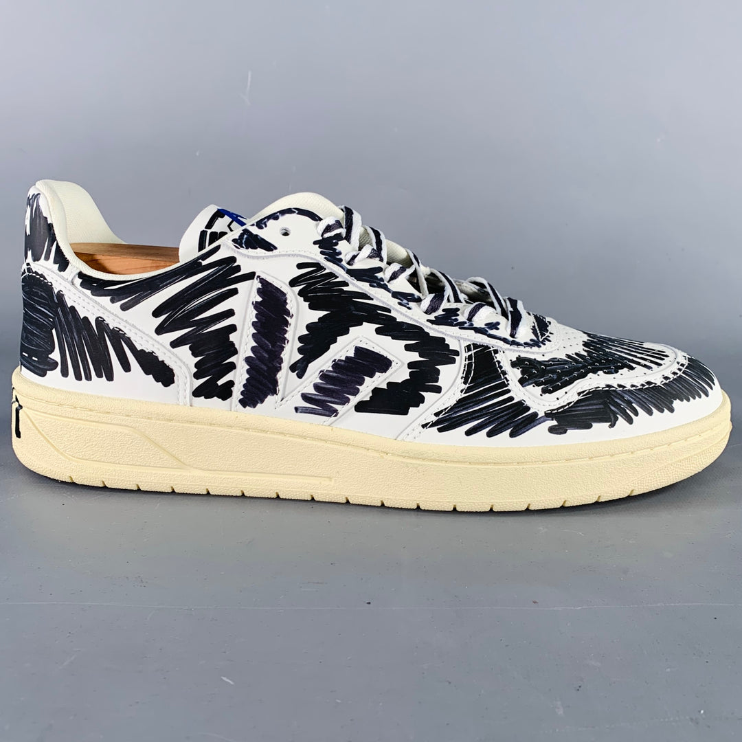 MARNI Size 10.5 White Black Scribble Leather Low Top Sneakers