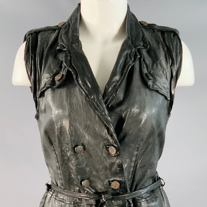 GIORGIO BRATO Size 6 Black Leather Double Breasted Belted Longline Vest