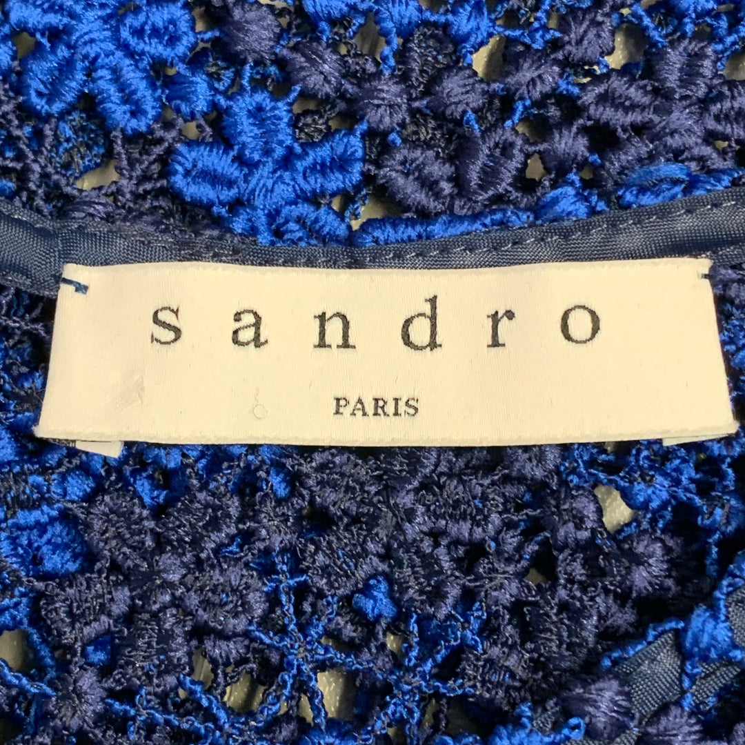 SANDRO Size 2 Navy Blue Polyester Lace Short Sleeve Boxy Dress Top