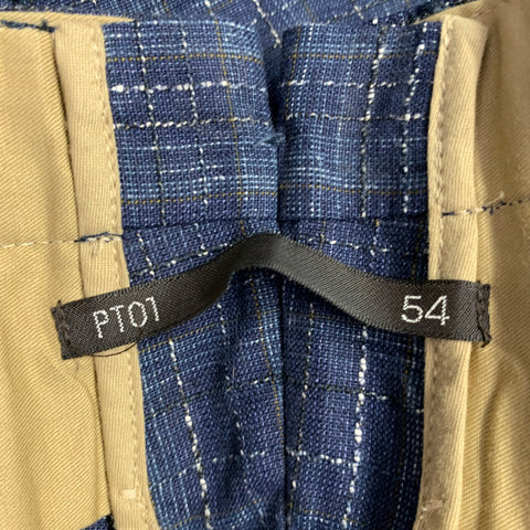 Pantalon décontracté plissé PT01 taille 38, à carreaux marine et blanc, mélange de lin