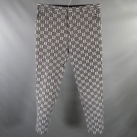 MR TURK Pantalon habillé, taille 34, bleu marine et blanc, jacquard, mélange de polyester, braguette zippée