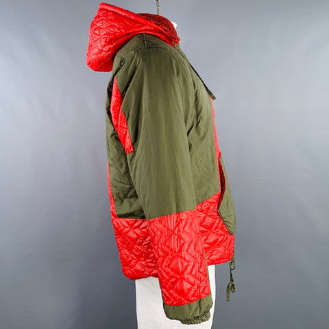 MONITALY Size L Olive Red Quilted Cotton Nylon Pop Over Jacket