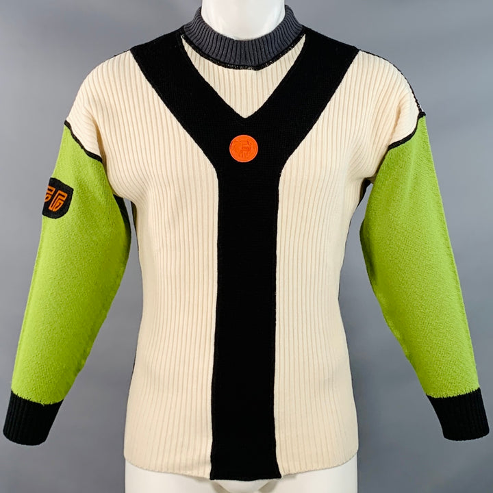 JEAN PAUL GAULTIER Size S Cream Green Wool Blend Knit Color Block Athletic Sweater