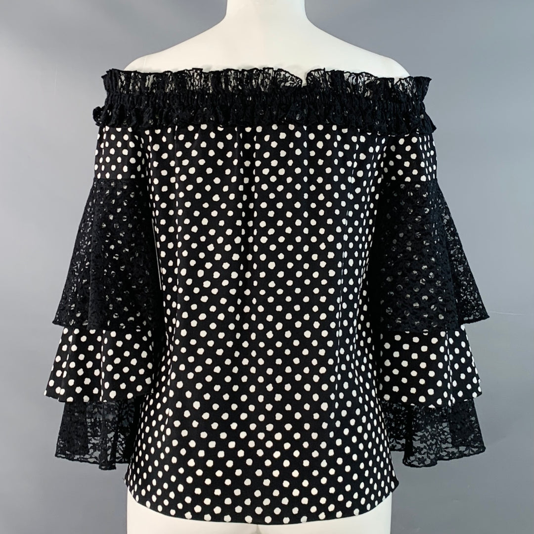 MICHAEL KORS Size XS Black White Silk Polka Dot Layered Sleeves Off-Shoulder Blouse