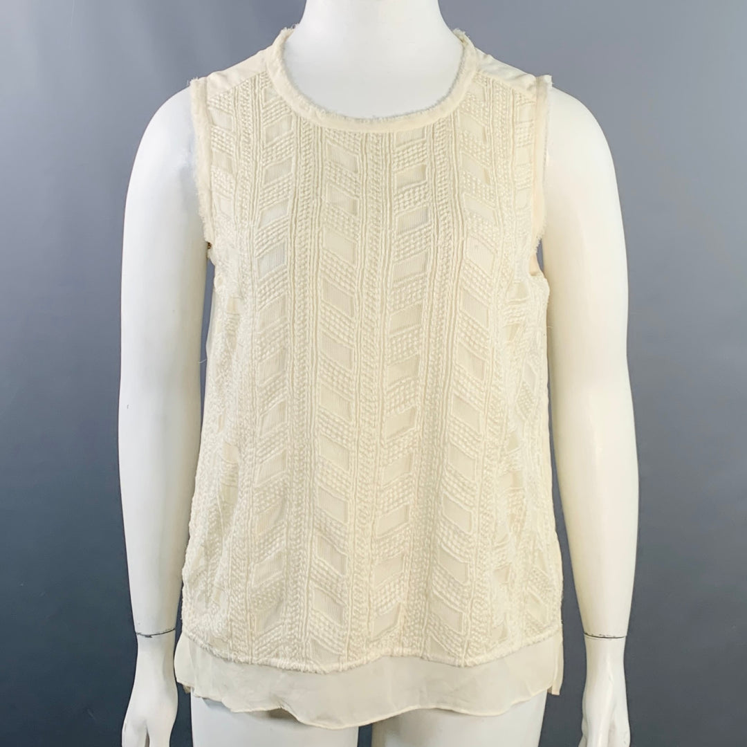 VINCE Size L Cream Nylon Embroidered Geometric Raw Edge Sleeveless Casual Top
