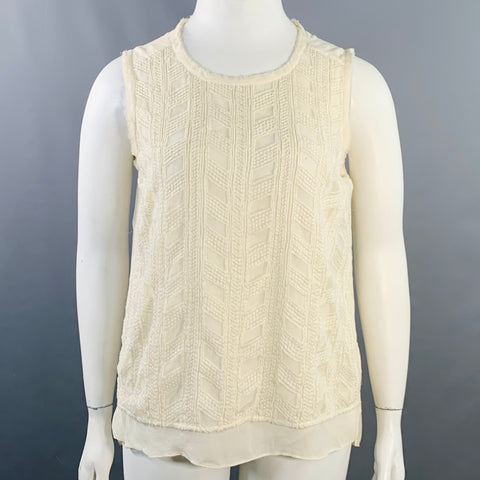 VINCE Size L Cream Nylon Embroidered Geometric Raw Edge Sleeveless Casual Top