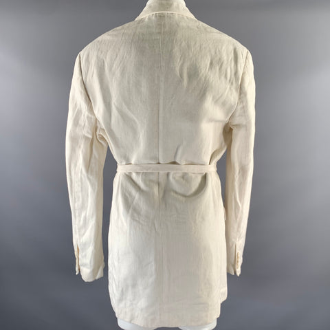 DRIES VAN NOTEN Size M Ivory Twill Linen Cotton Belted Double Breasted Blazer
