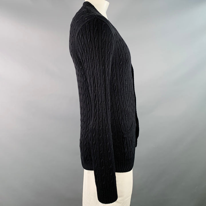 SERGIO DAVILA Size L Black Cable Knit Cotton V-Neck Cardigan