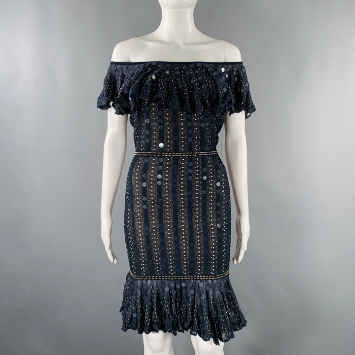 ZAC POSEN Size XS -Starry Night Tango- Navy Gold Silk Blend Payettes Ruffle Dress