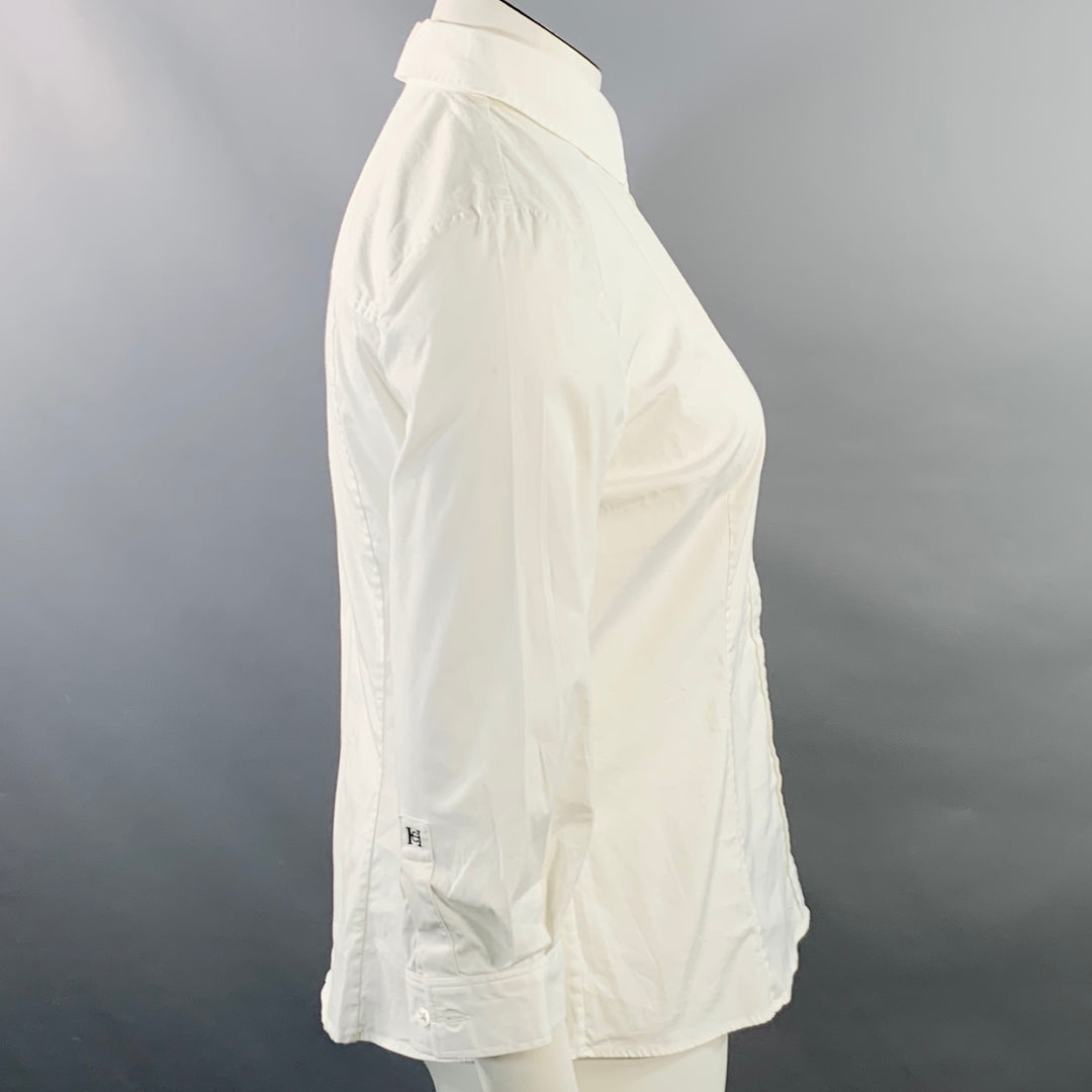 CAROLINA HERRERA Size 14 White Cotton Blend 3/4 Sleeves Spread Collar Shirt