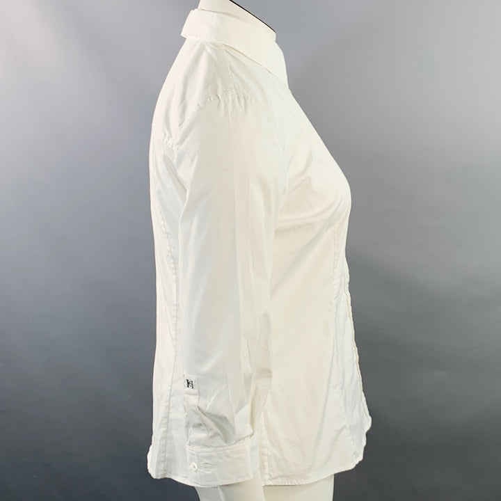 CAROLINA HERRERA Size 14 White Cotton Blend 3/4 Sleeves Spread Collar Shirt