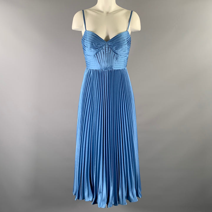 THEIA Size 2 Light Blue Polyester Pleated Spaghetti Straps Mid-Calf Dress