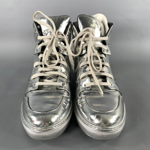 BALENCIAGA Size 7 Silver Metallic Leather High Top Sneakers