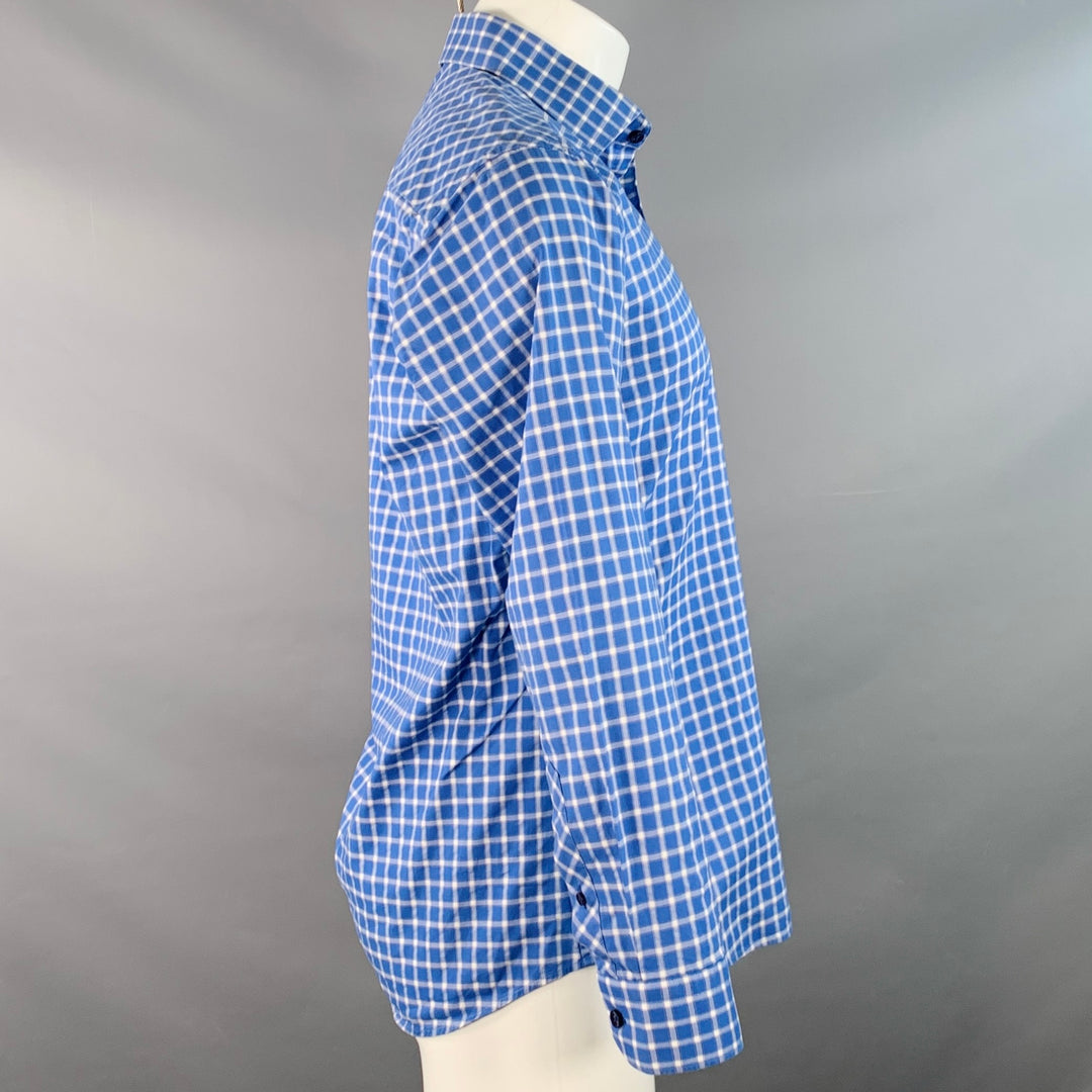 JARED LANG Size M Blue White Checkered Cotton Spread Collar Long Sleeve Shirt