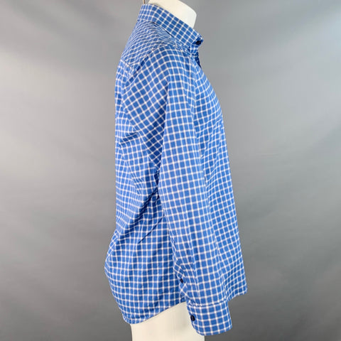 JARED LANG Size M Blue White Checkered Cotton Spread Collar Long Sleeve Shirt