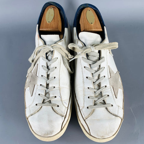 GOLDEN GOOSE SUPERSTAR Size 11 White Grey Navy Color Block Leather Distressed Sneakers